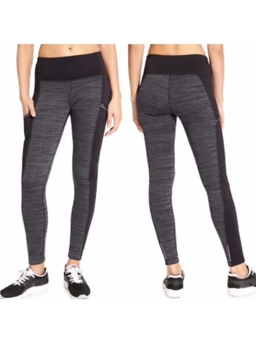 Athleta Polartec Powerlift Fleece Lined Leggings Small Gray Black Zip Pocket